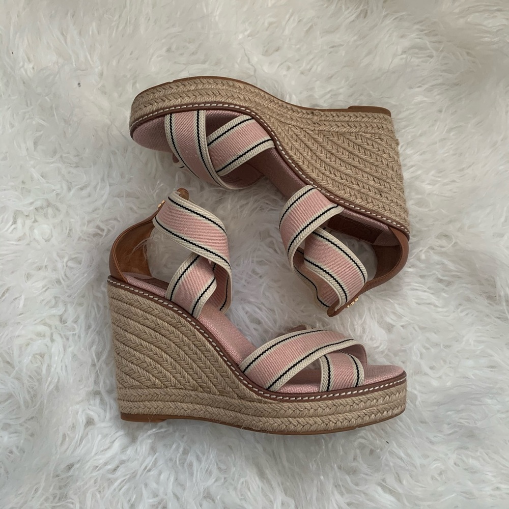 Tory Burch Frieda Pink/Tan Espadrille Wedge Sandal - Picture 3 of 9